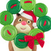 Hamster figurine wearing a Santa hat surrounded by green and red circular decorations on a white background