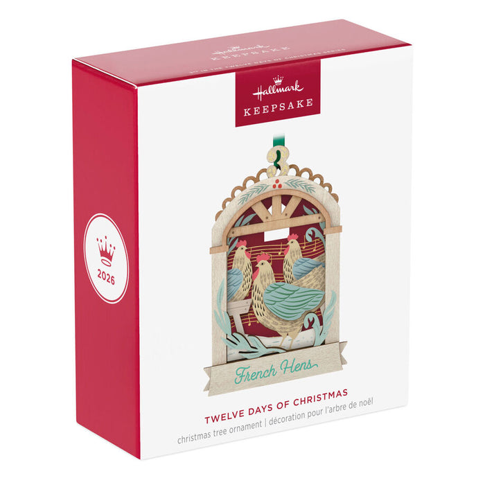 Hallmark Christmas ornament packaging with 'French Hens' design on a white background