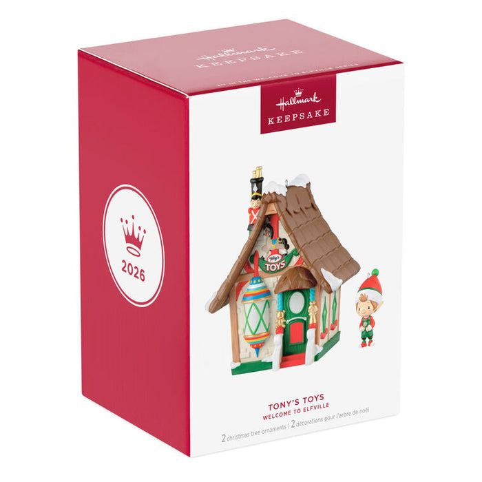 Hallmark Christmas ornament packaging with a house and elf design on a white background
