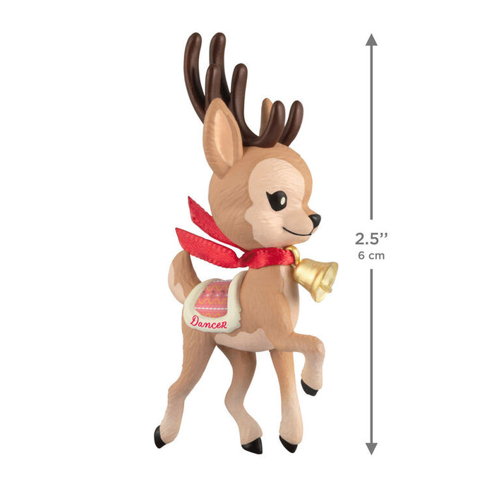 Reindeer with a red scarf and bell, labeled 'Dancer', on a white background with measurement details.