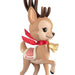 Reindeer figurine with a red scarf and bell on a white background