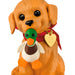 Dog figurine with a duck toy in its mouth and a heart-shaped tag on a white background