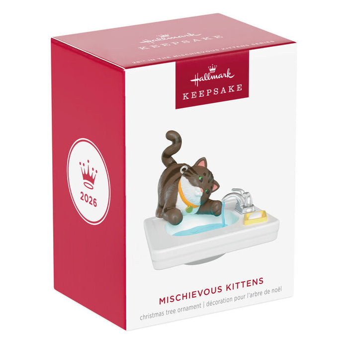 Hallmark Keepsake Christmas ornament packaging with a cat figure on a sink.