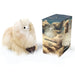 Plush alpaca toy next to its packaging box on a white background