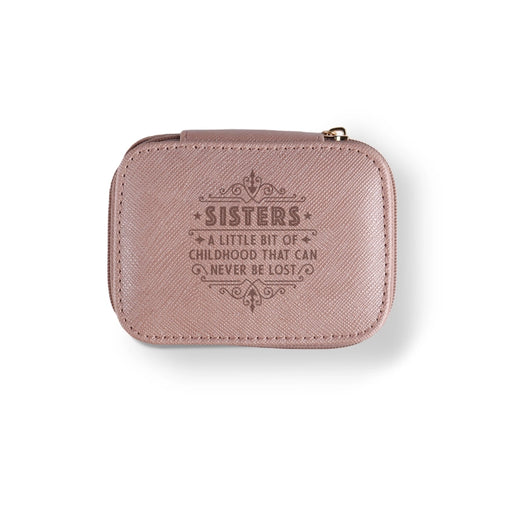 Rose gold box that says "SISTERS A LITTLE BIT OF CHILDHOOD THAT CAN NEVER BE LOST" on a white background
