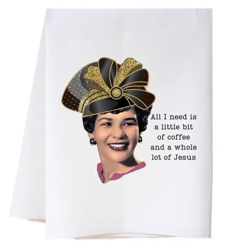 Card with a smiling woman's face, decorative headpiece, and text on a white background