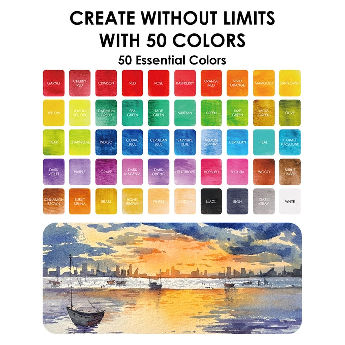 Color swatch chart with 50 colors and a sunset over water illustration.