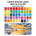 Color swatch chart with 50 colors and a sunset over water illustration.