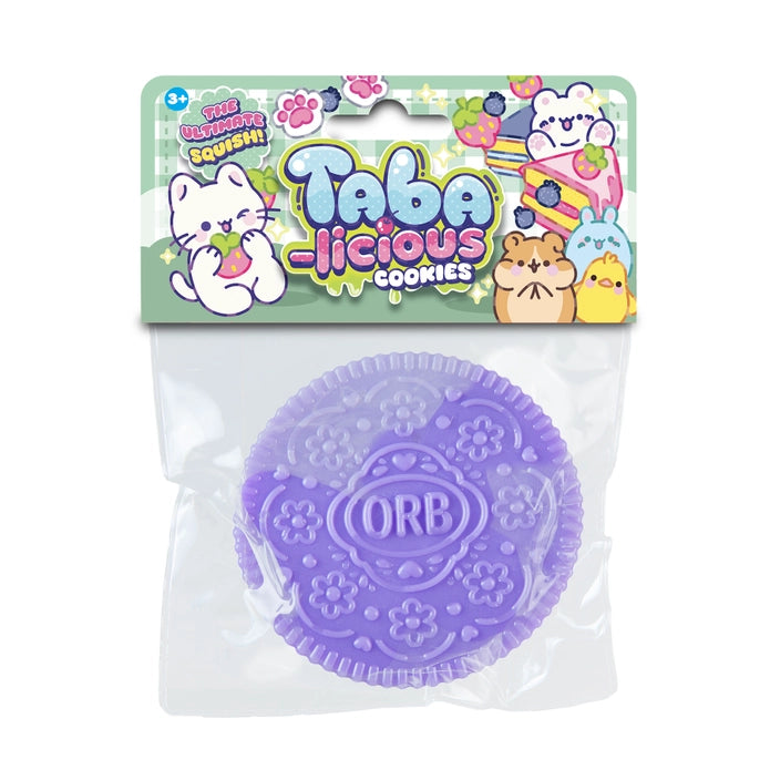 Purple cookie-shaped toy with 'Orb' branding in a clear package, against a white background.