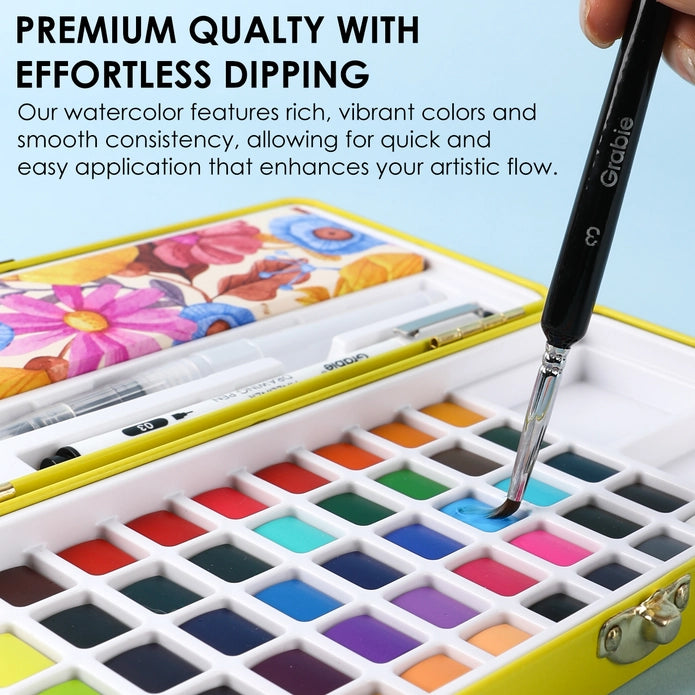Watercolor set with a brush and colorful paint swatches, featuring text about premium quality and effortless dipping.