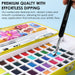Watercolor set with a brush and colorful paint swatches, featuring text about premium quality and effortless dipping.