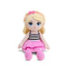 Plush toy doll with blonde hair, striped shirt, and pink skirt on a white background