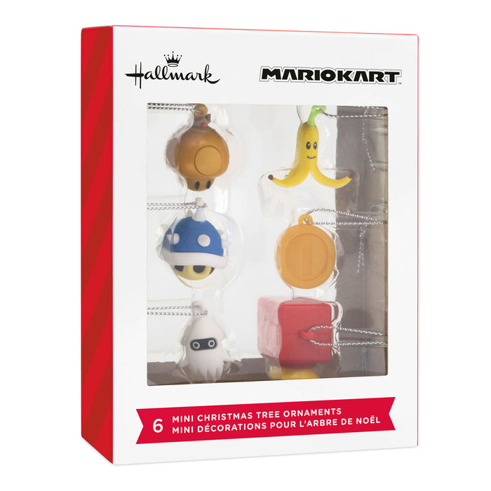 Hallmark Mario Kart themed mini Christmas tree ornaments in their original retail packaging, featuring four character ornaments visible through a clear window.