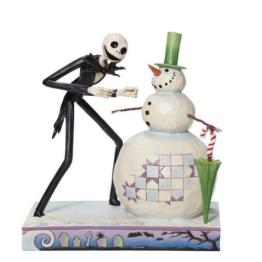 Skeleton character and snowman figurine with a candy cane on a white background
