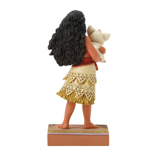 Statue of a character from Disney's Moana holding a small creature on a white background