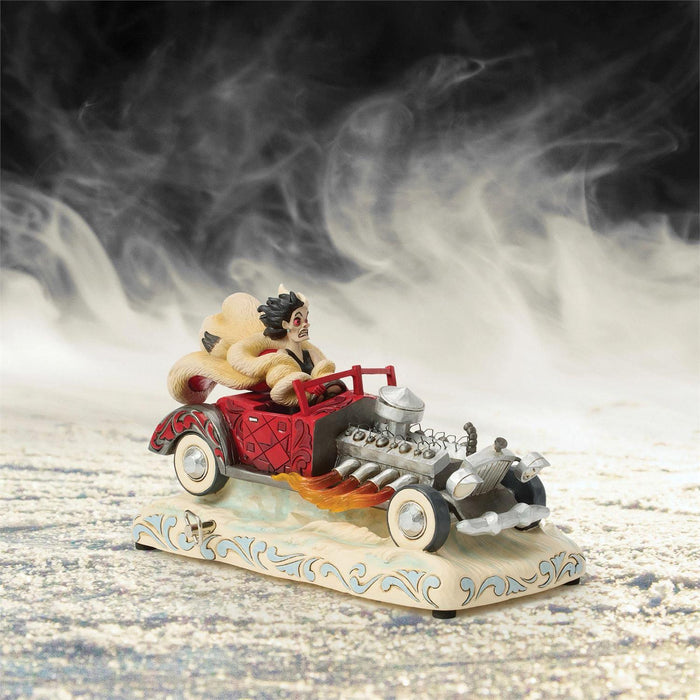 Decorative figurine of a person in a car with flames, set against a smoky background.