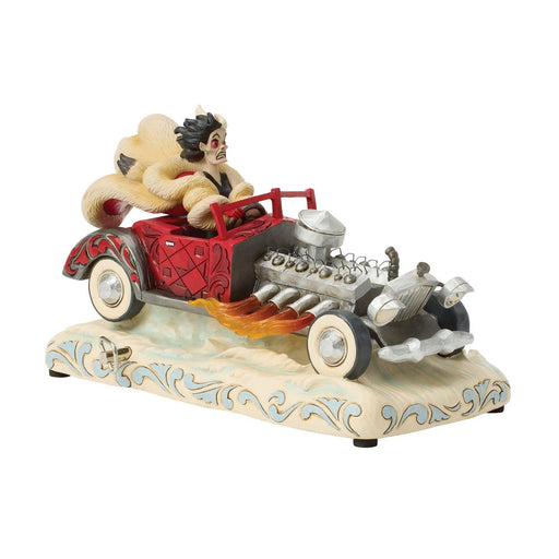 Decorative figurine of a skeleton driving a hot rod car with flames on a white background