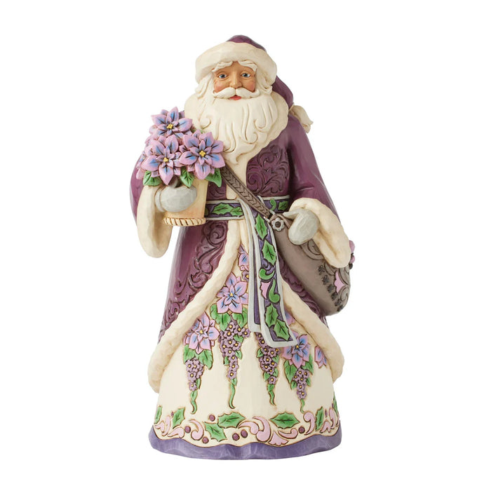 Decorative figurine of a bearded man in a purple outfit holding flowers on a white background