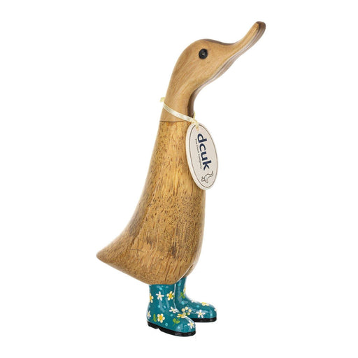 Wooden duck figurine with floral boots and a visible brand tag on a white background