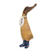 Wooden duck figurine with floral shoes on a white background