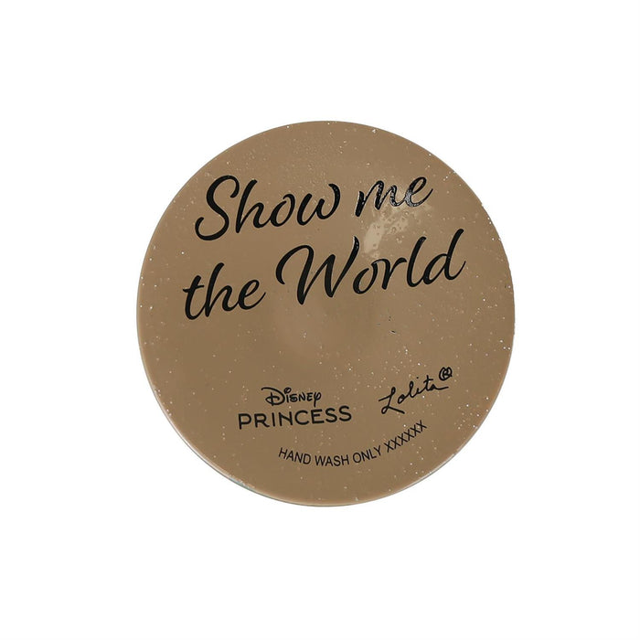 Round brown label with 'Show me the World' text on a white background