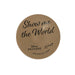 Round brown label with 'Show me the World' text on a white background