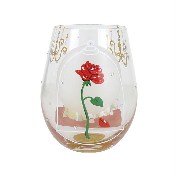 Stemless wine glass with a red flower design on a white background