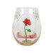 Stemless wine glass with a red flower design on a white background