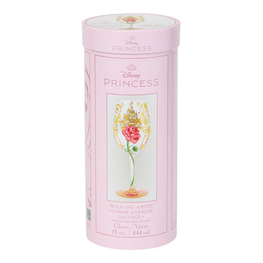 Pink cylindrical Disney Princess product packaging with a rose design on a white background