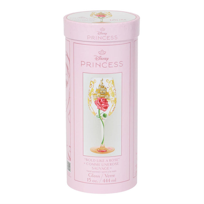 Pink cylindrical Disney Princess product packaging with a rose design on a white background