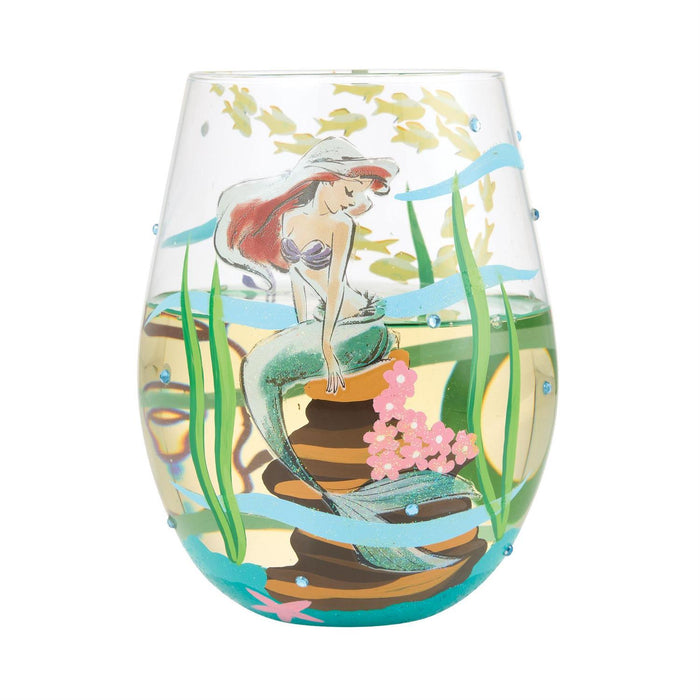 Stemless wine glass with a mermaid design on a white background