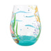 Stemless wine glass with underwater scene design on a white background