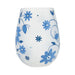 White stemless wine glass with blue floral patterns on a white background