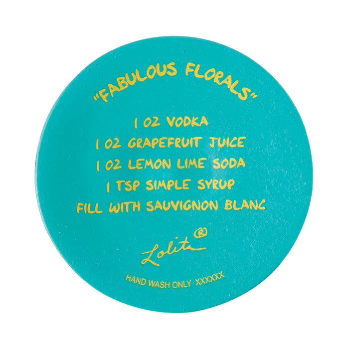 Teal coaster with yellow text and Lolita brand logo on a white background
