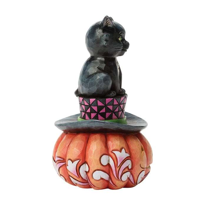 Cat figurine on a pumpkin with geometric patterned hat on a white background