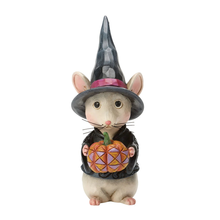 Halloween-themed mouse figurine wearing a witch hat and holding a pumpkin on a white background