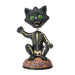 Skeletal black cat figurine with green eyes on a white background