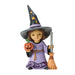 Halloween-themed figurine of a girl in a witch costume with a broom and pumpkin.