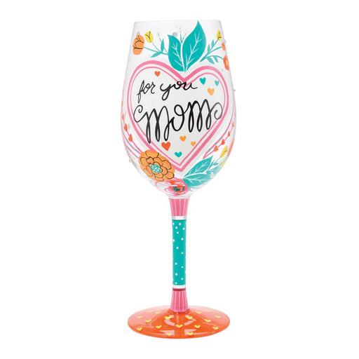 Decorative wine glass with 'For You Mom' text on a white background