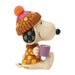 Snoopy figurine wearing a colorful hat and scarf, holding a purple mug on a white background