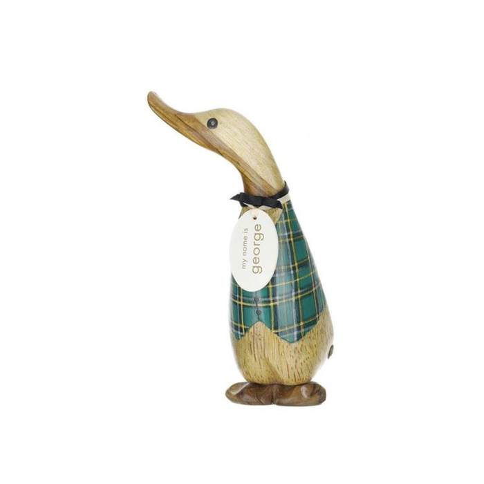 Wooden duck figurine with a plaid pattern on a white background