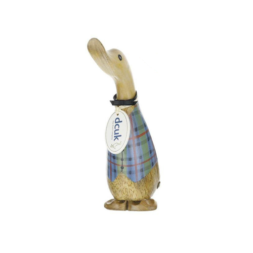 Wooden duck figurine wearing a plaid shirt on a white background