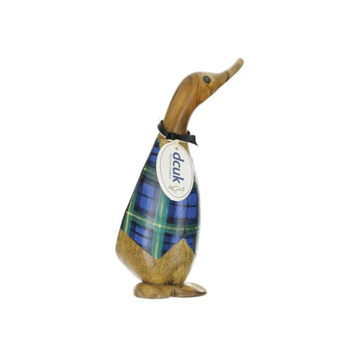 Wooden duck figurine with a plaid pattern and a label on a white background