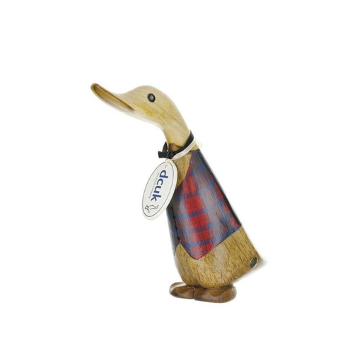 Wooden duck figurine wearing a plaid shirt with a tag on a white background