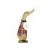 Wooden duck figurine with a tartan pattern and a tag on a white background