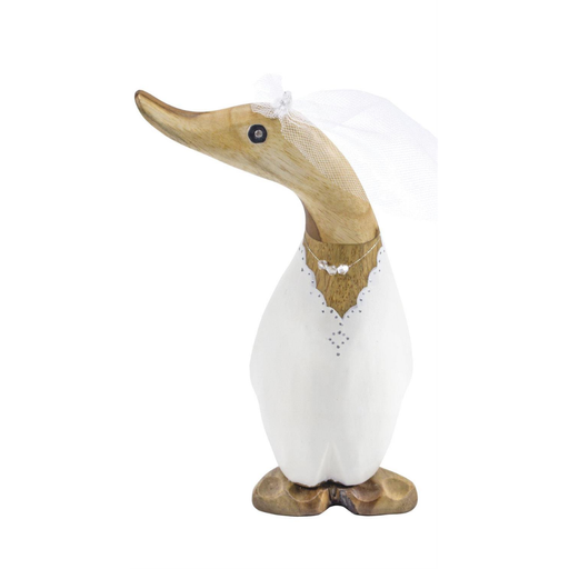 Wooden duck figurine wearing a white wedding dress on a white background