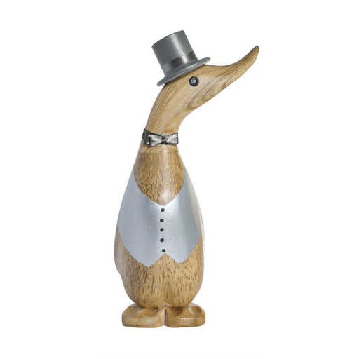 Decorative wooden duck figurine wearing a top hat and vest on a white background