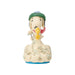Decorative figurine of Snoopy and Woodstock shoveling snow with festive hats on a white background