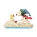 Decorative figurine of Snoopy and Woodstock shoveling snow with festive hats on a white background
