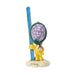 Figurine of a character holding a blue ski poles with a purple and green top on a white background